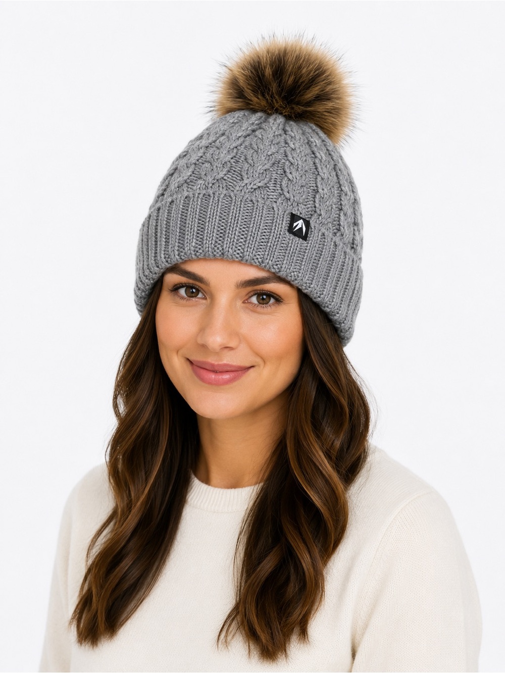 Cozy winter Cable Knit Pom Beanie - Grey with Faux Fur Pom